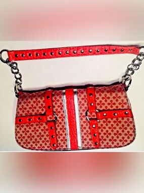 Purse Emily M Red Tan Silver Handbag Chain Strap Vintage
